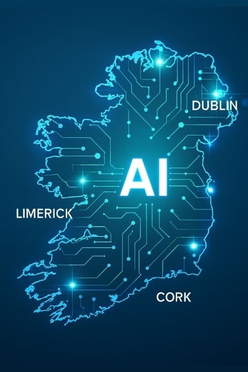 A digital map of the Republic of Ireland glowing in neon blue, with circuit-style lines representing technology and connectivity. The word “AI” is centred on the map, with Dublin, Limerick and Cork marked as key hubs. A visual concept of Agentic AI expanding across Ireland.