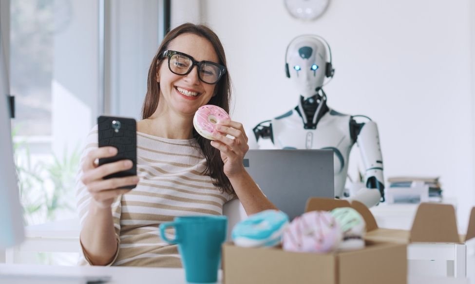 A woman sits at her desk smiling while taking a selfie and holding a doughnut, with a humanoid robot assistant behind her working at a laptop. Colourful doughnuts and a coffee mug sit on the desk. A playful depiction of Agentic Agentic AI supporting everyday office tasks.